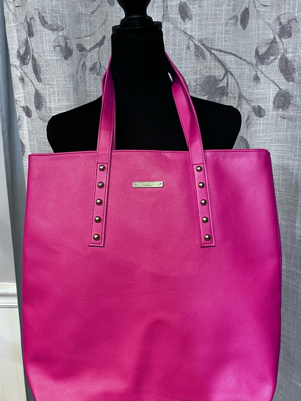 Juicy Couture Hot Pink Fuchsia Oversized Shopper Tote Bag Gold Studs, Women Bags